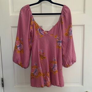 Free People Mauve Pink Floral V-Neck Puff Sleeve Tunic